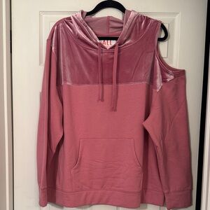 All Worthy Hunter McGrady Pink Hoodie with one cold shoulder and kangaroo pocket
